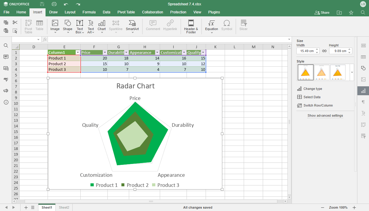 a screenshot of the new radar charts on onlyoffice 7.4