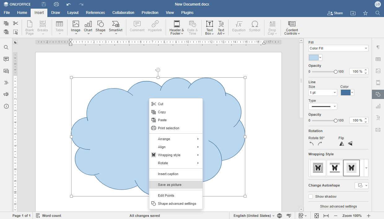 a screenshot of the new save objects as picture feature on onlyoffice docs 7.4