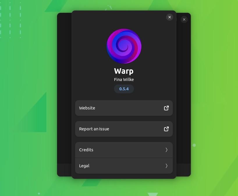 a screenshot of warp's about info