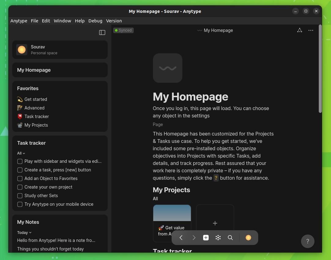 a screenshot of anytype's my homepage screen