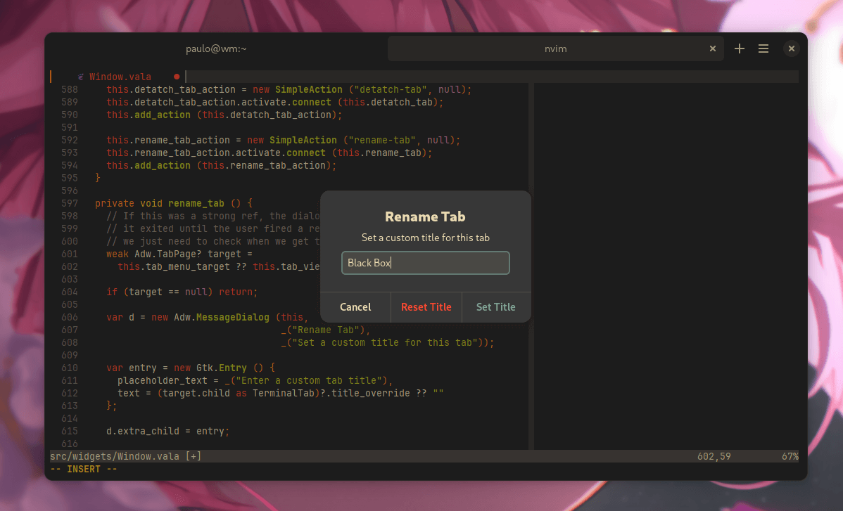 a screenshot of black box's new rename tab functionality