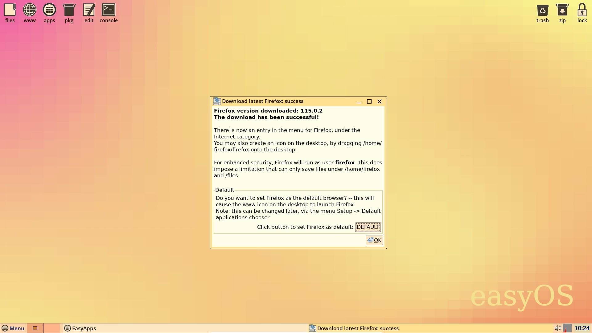 a screenshot of the app installation sucess window on easyos