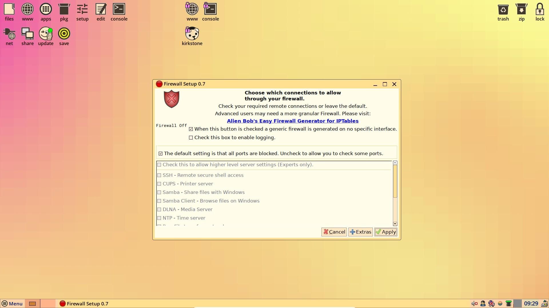 a screenshot of easyos's firewall configuration menu