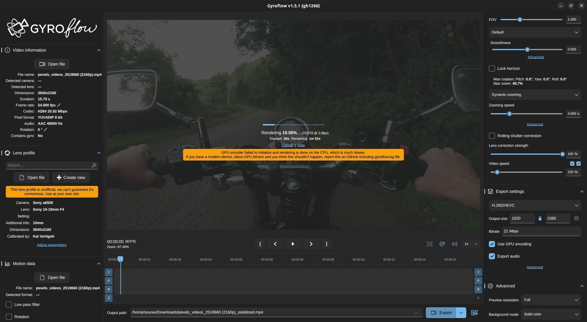 a screenshot of gyroflow exporting a video