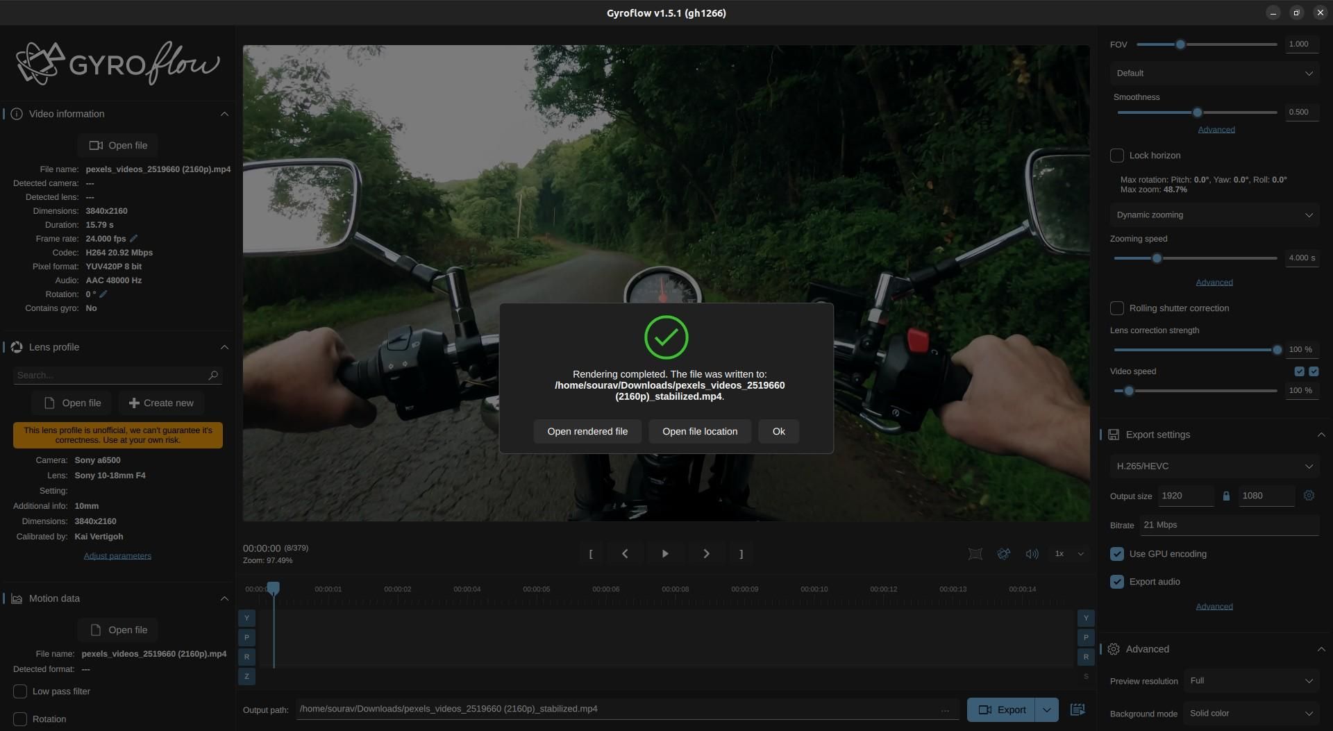 a screenshot of gyroflow after export of a video is complete