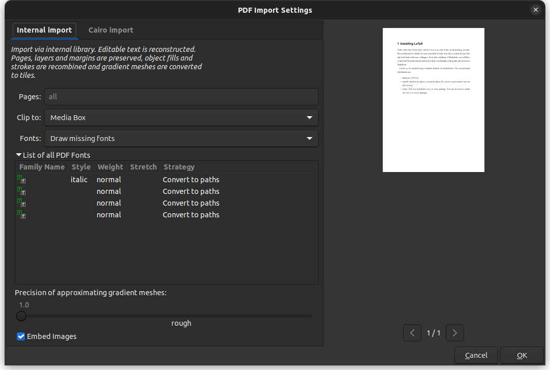 a screenshot of inkscape's revamped pdf importer