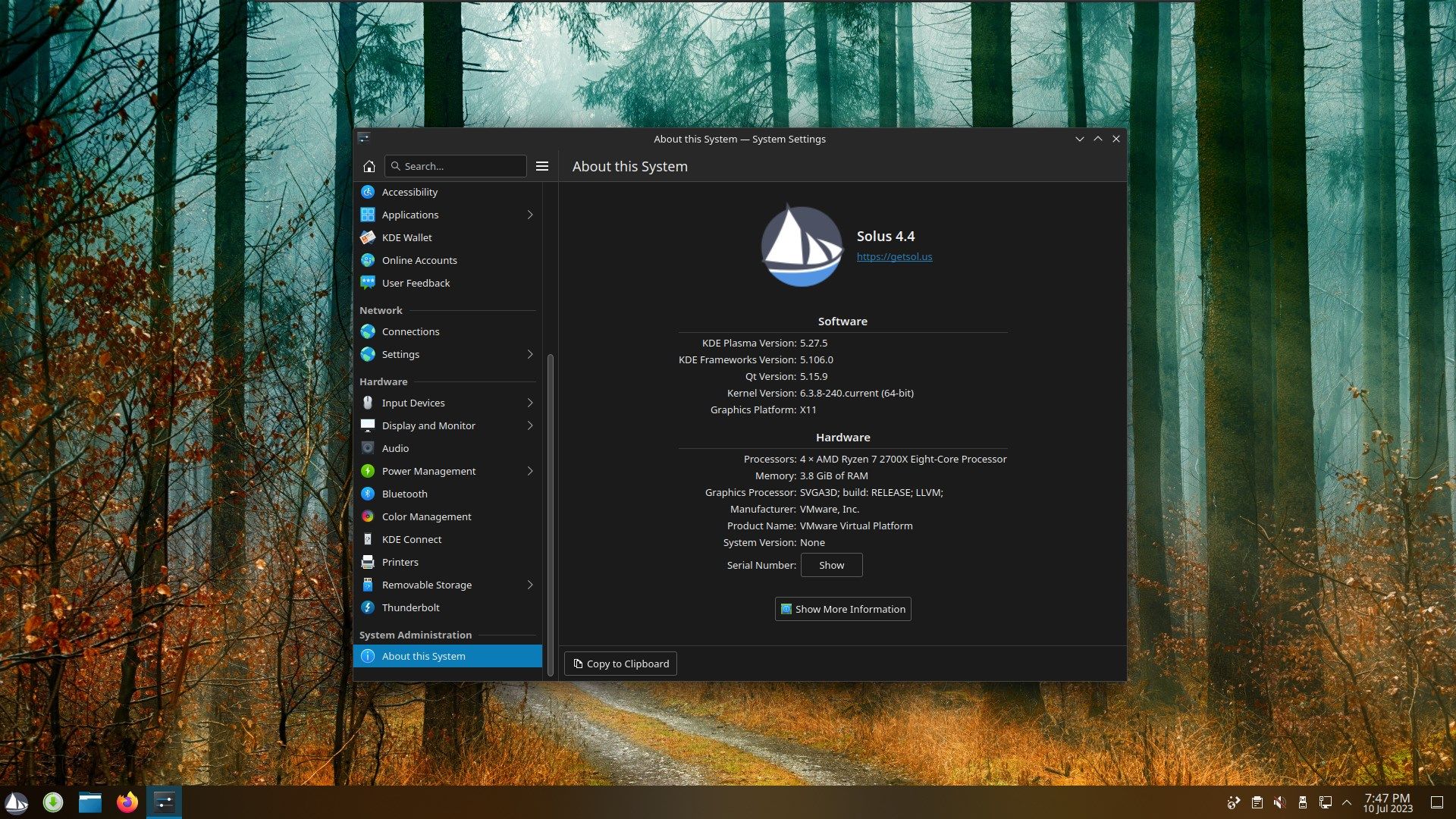 a screenshot of the about the system menu on solus plasma edition