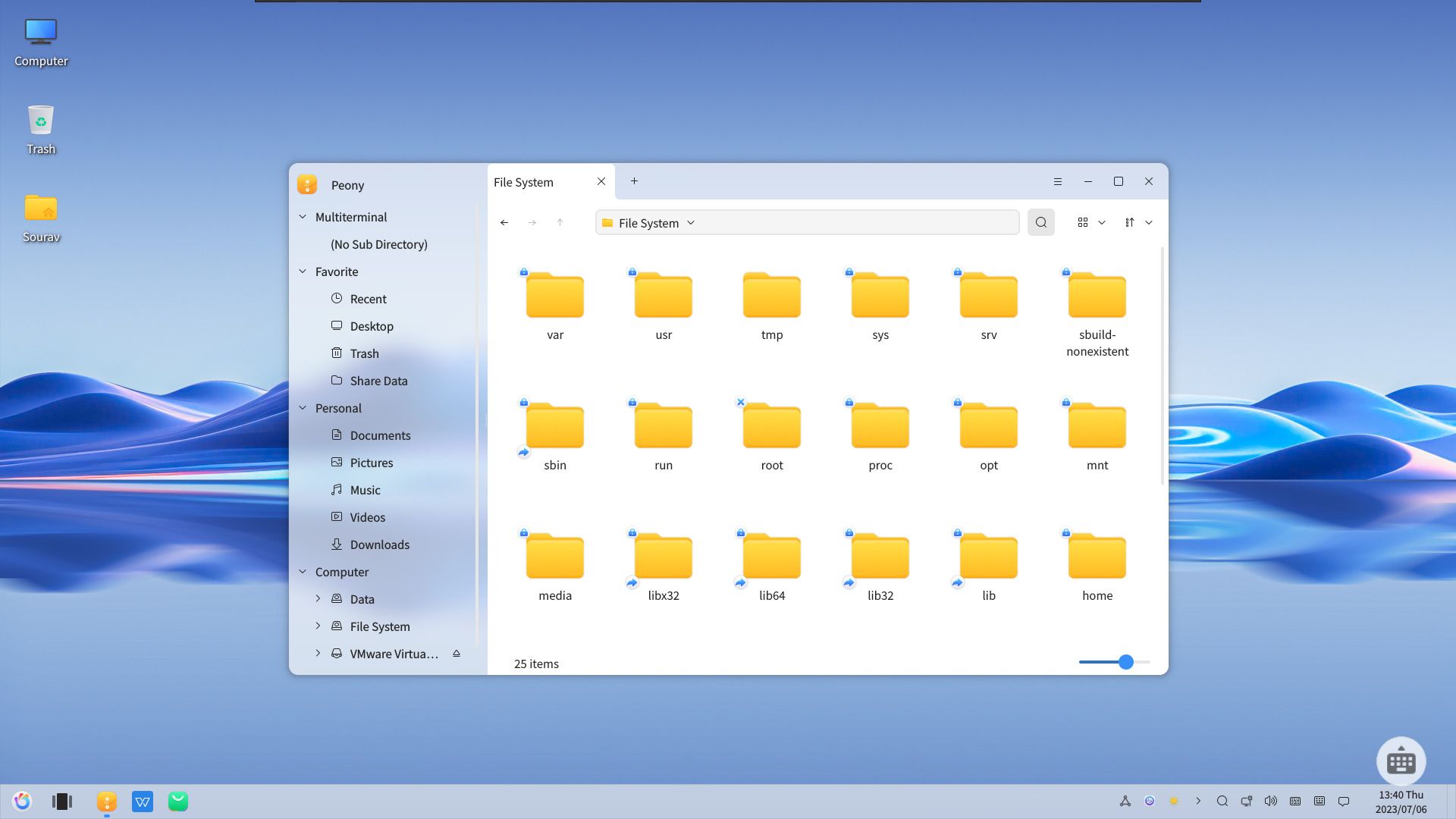 a screenshot of the peony file manager on openkylin