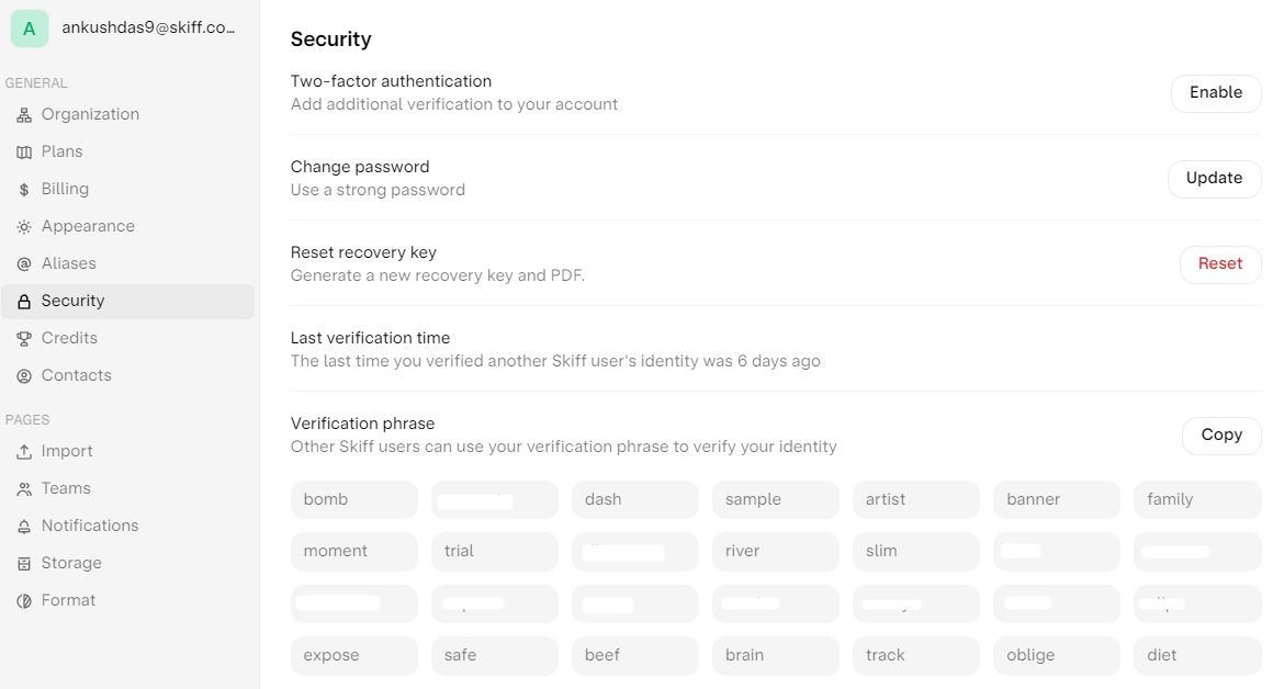 security settings of Skiff mail