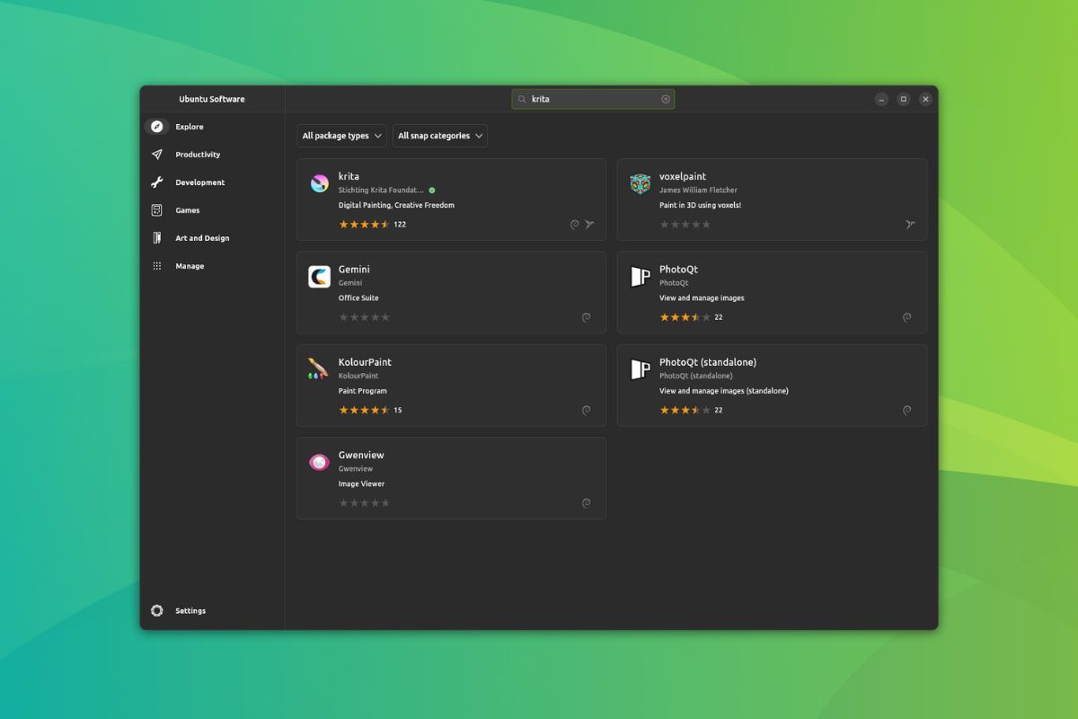 a screenshot of ubuntu's new flutter-based software center's search functionality