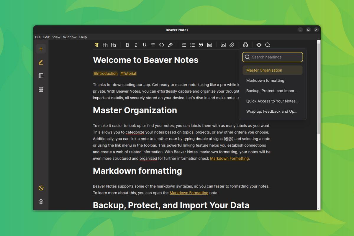 a screenshot of beaver notes' headings tree feature