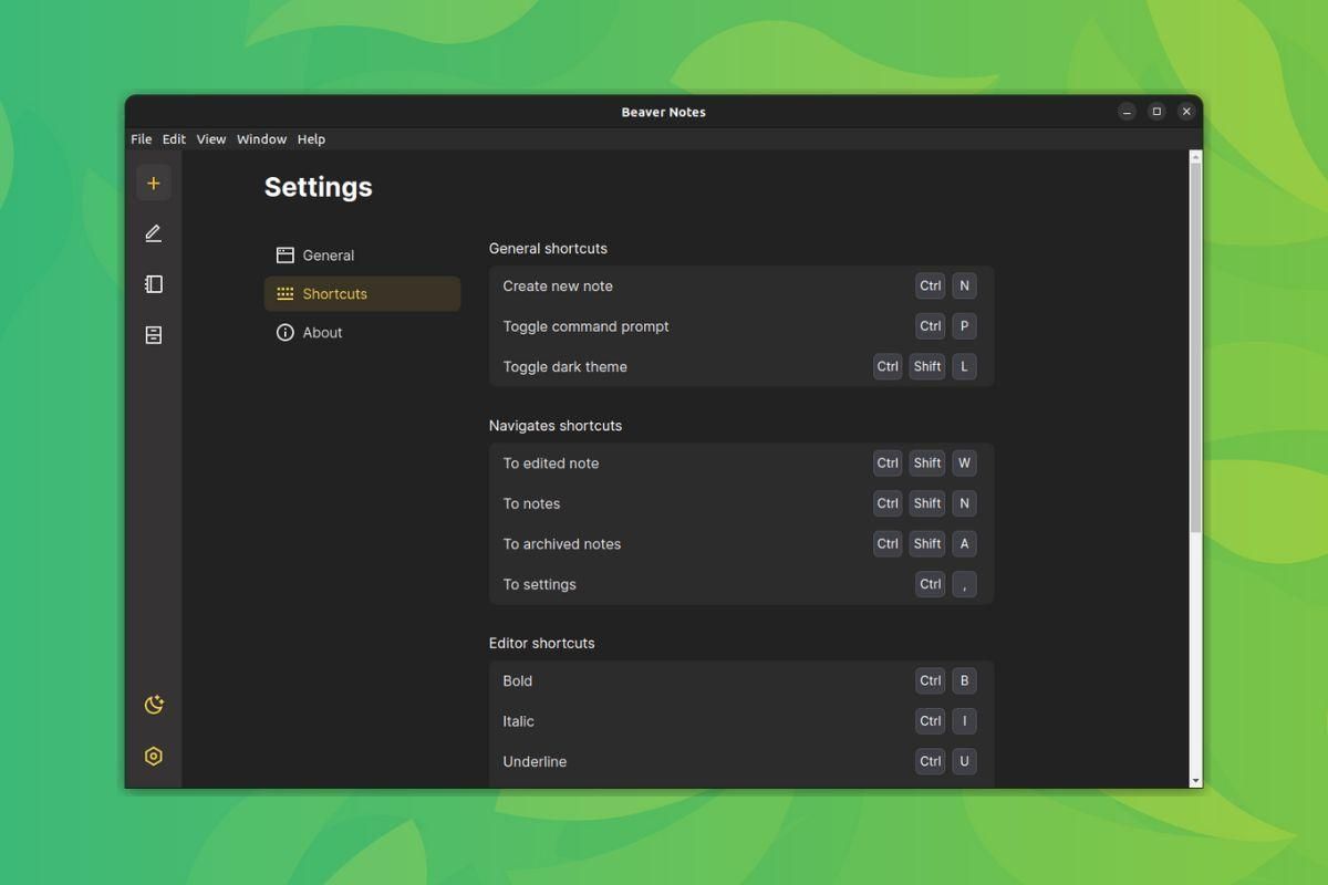 a screenshot of beaver notes' keyboard shortcuts