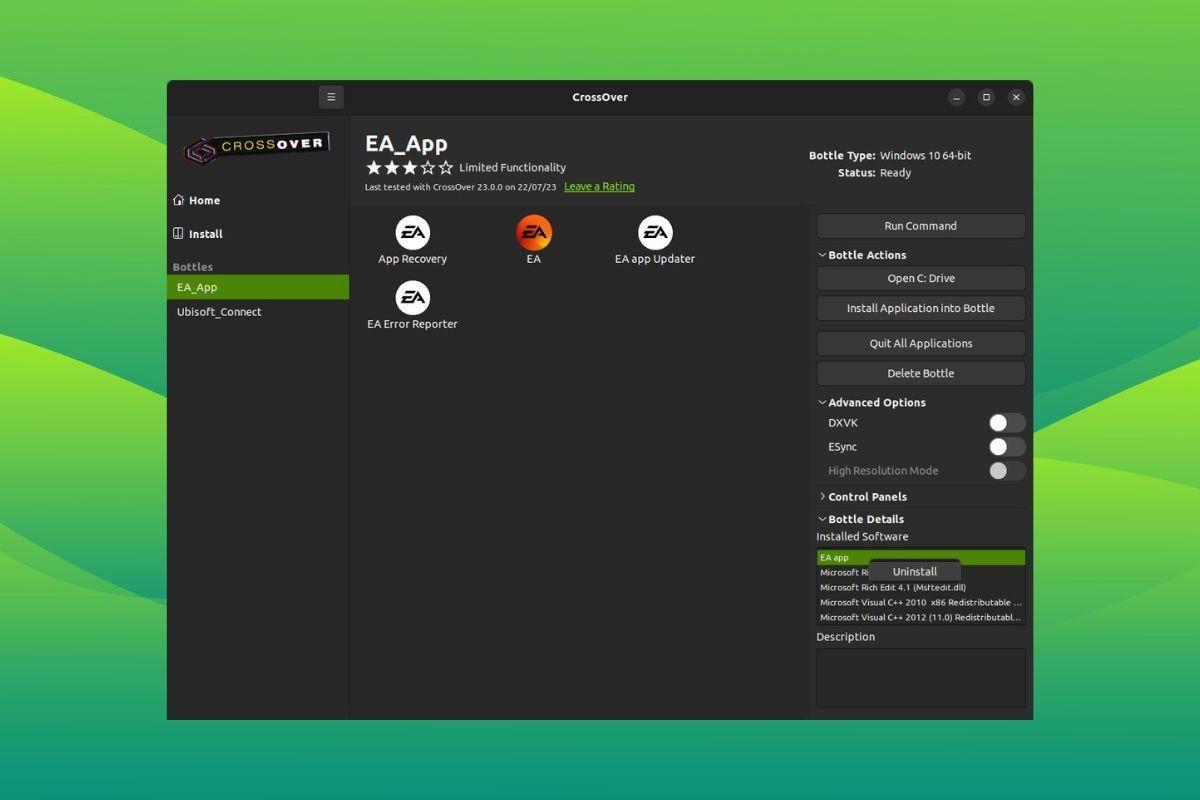 a screenshot of crossover 23.0's uninstall app functionality