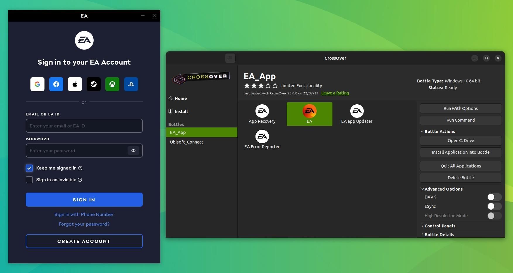 a screenshot of crossover 23.0 running the ea app