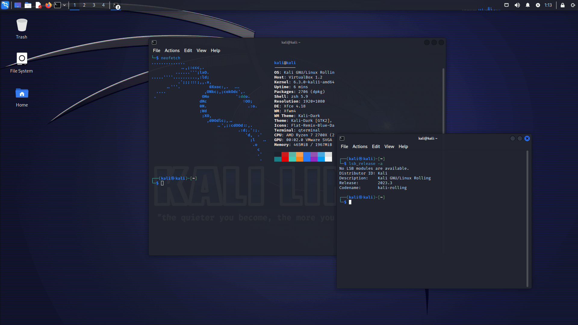 a screenshot of kali linux 2023.3 neofetch and lsb release outputs