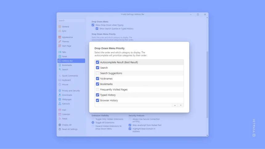 a screenshot of the new address field suggestion settings on vivaldi 6.2