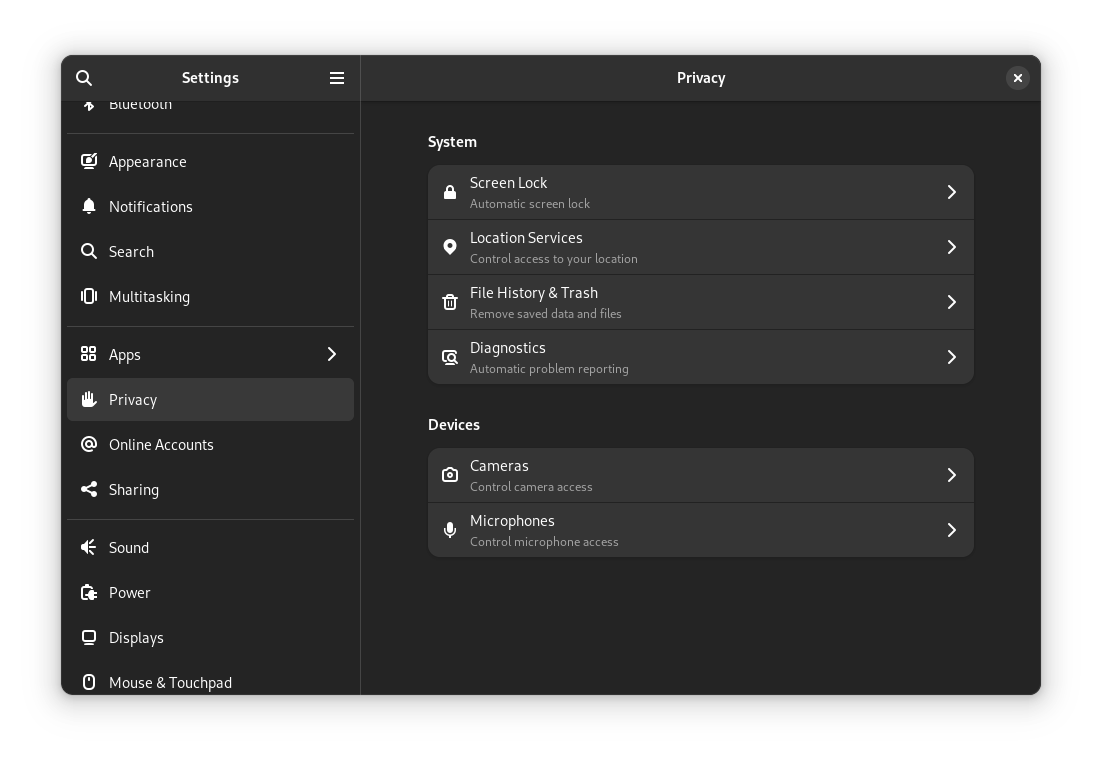 gnome 45 privacy settings