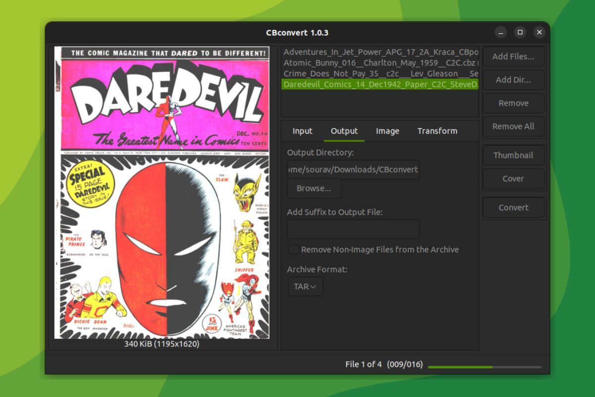 a screenshot of cbconvert converting a comic into the cbt format