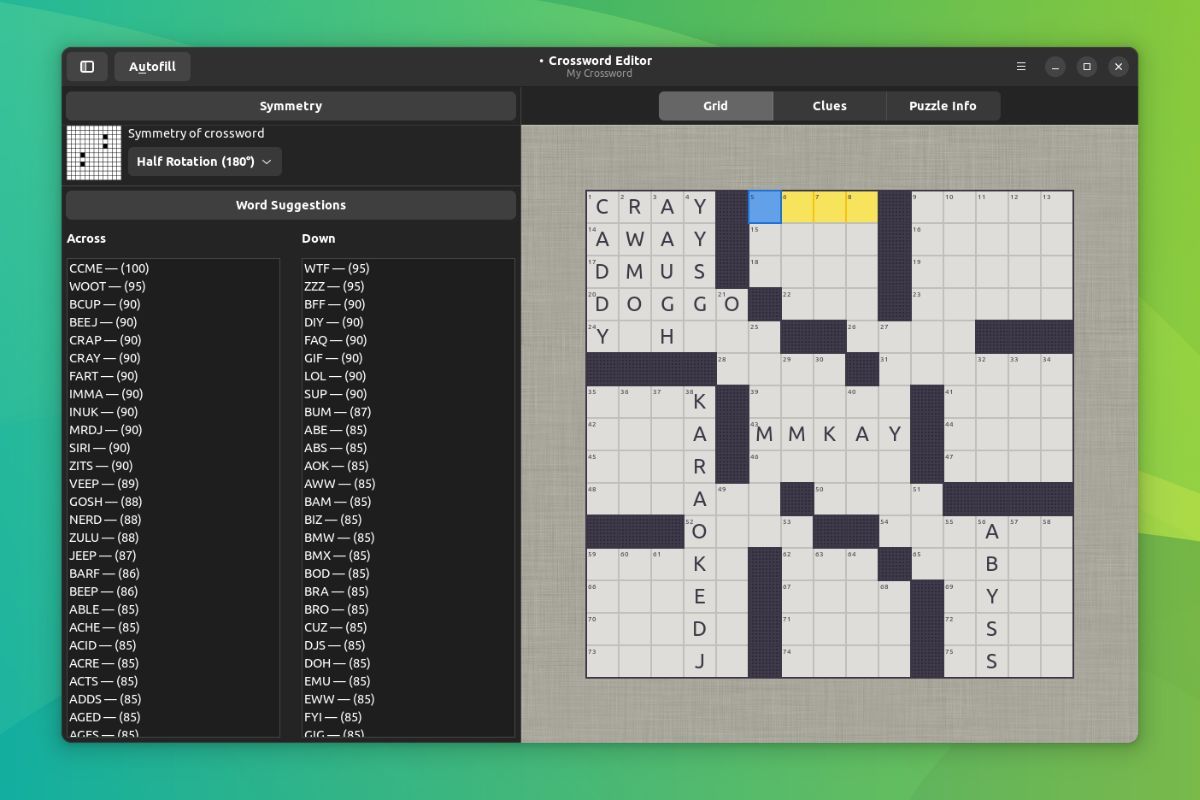 a screenshot of the gnome crossword editor editing interface