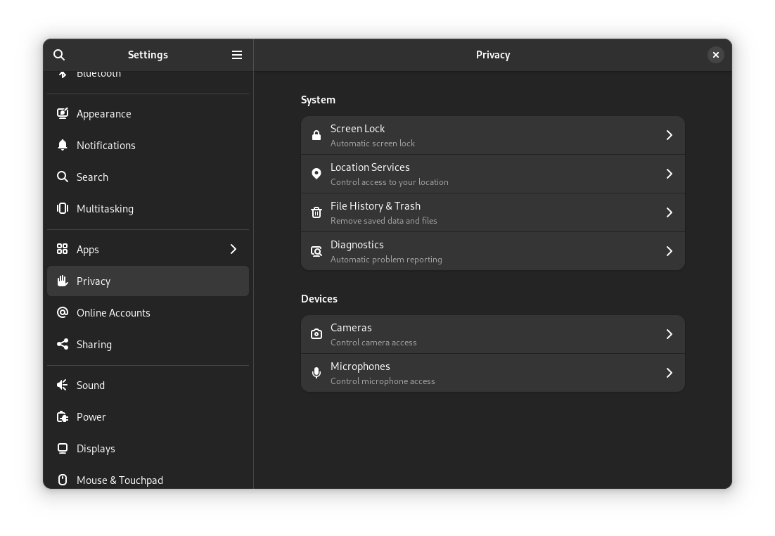 a screenshot of the privacy tab on gnome 45 settings menu