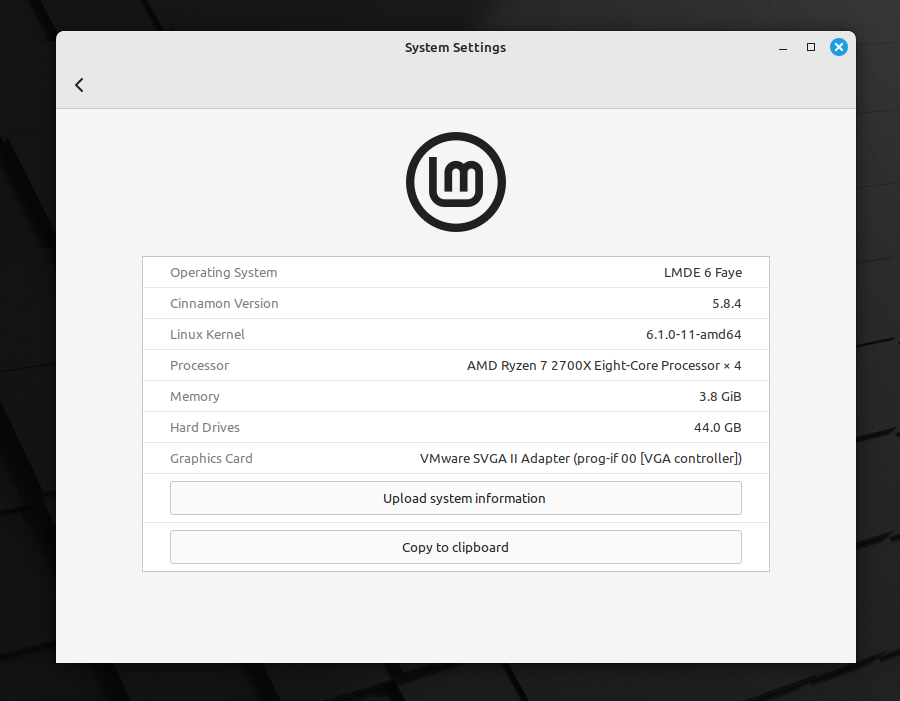 a screenshot of the system info on lmde 6