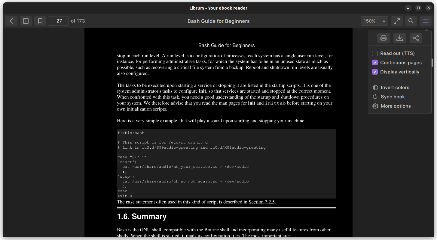 a screenshot of librum reader mode with inverted colors