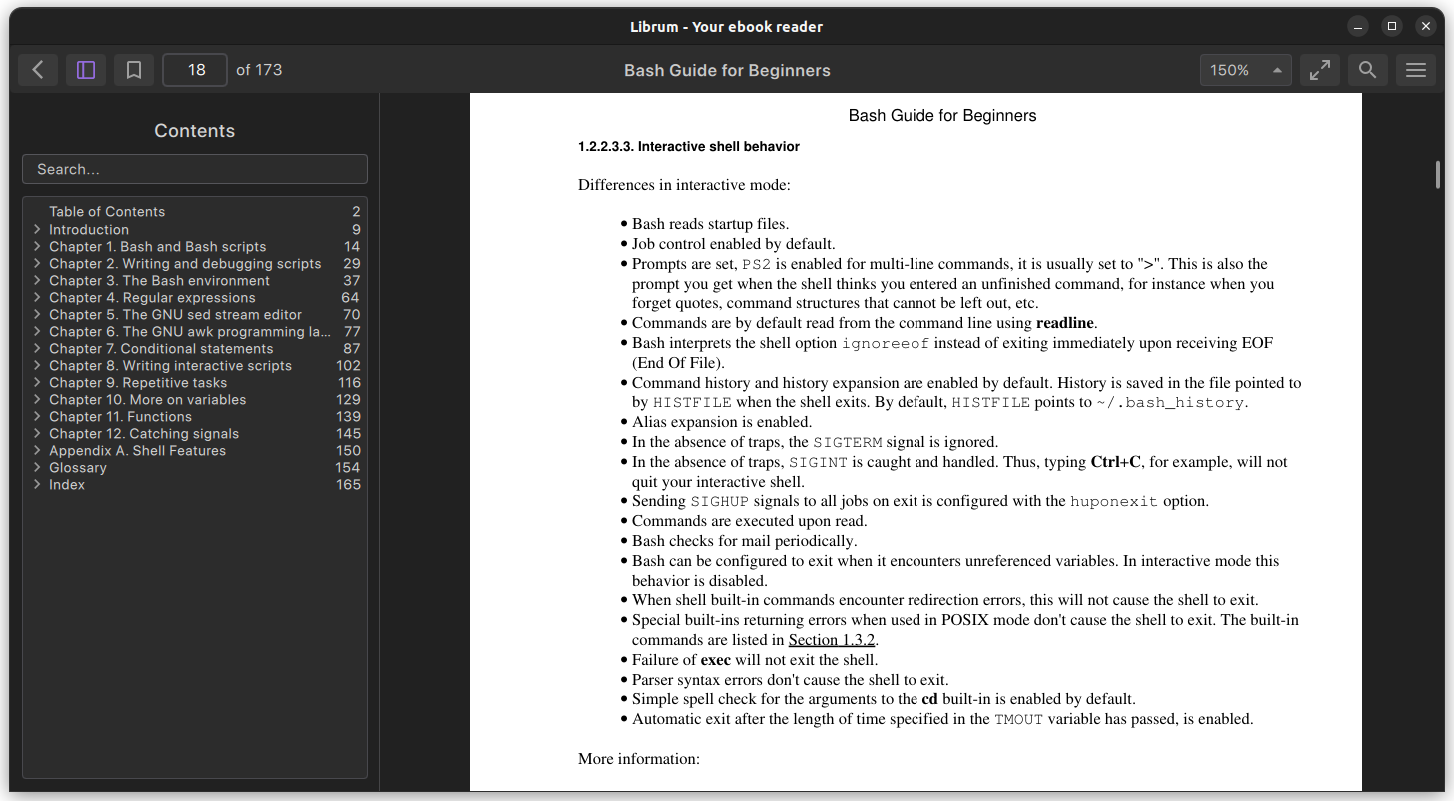 a screenshot of librum table of contents view