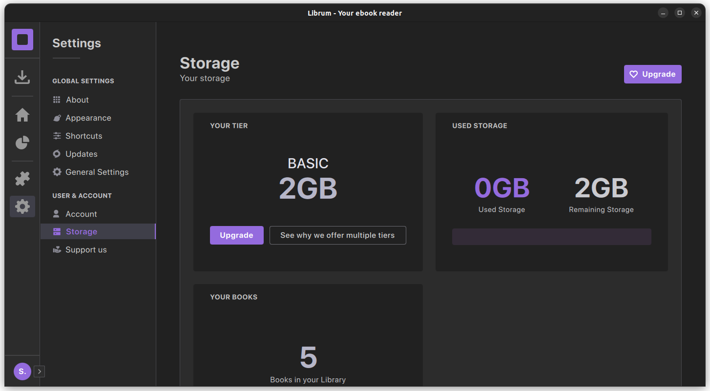 a screenshot of librum storage menu