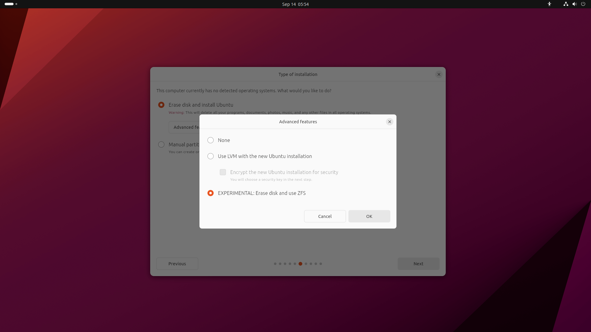 a screenshot of the experimental zfs support in ubuntu 23.10 installer