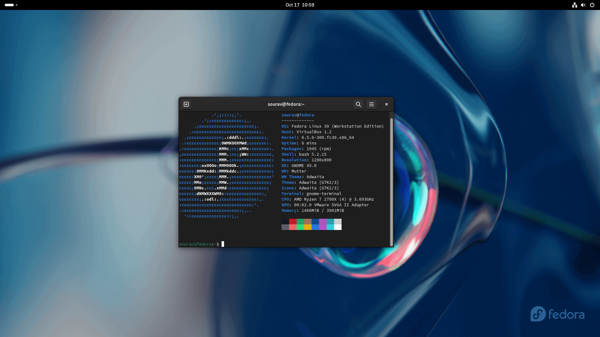 a screenshot of the neofetch output on fedora 39