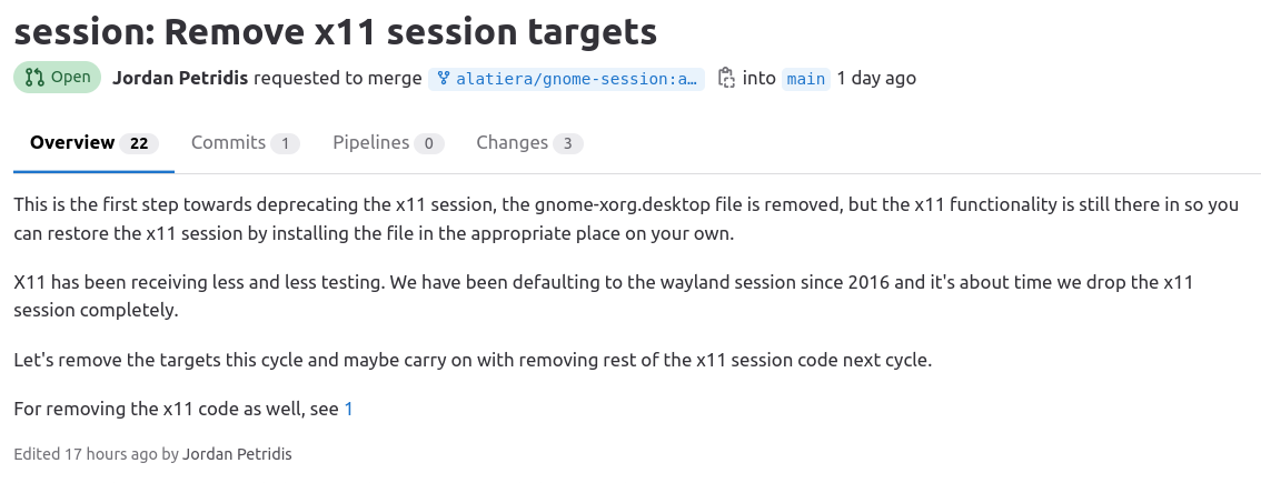 a screenshot of the merge request that would remove x11 session targets from gnome