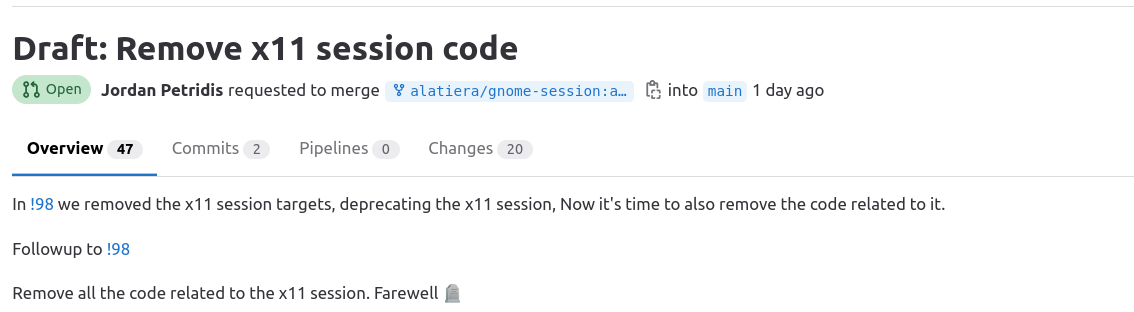 a screenshot of the draft merge request to completely remove any x11 session code from gnome 