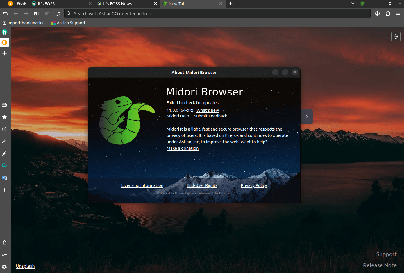 a screenshot of midori 11 browser about info