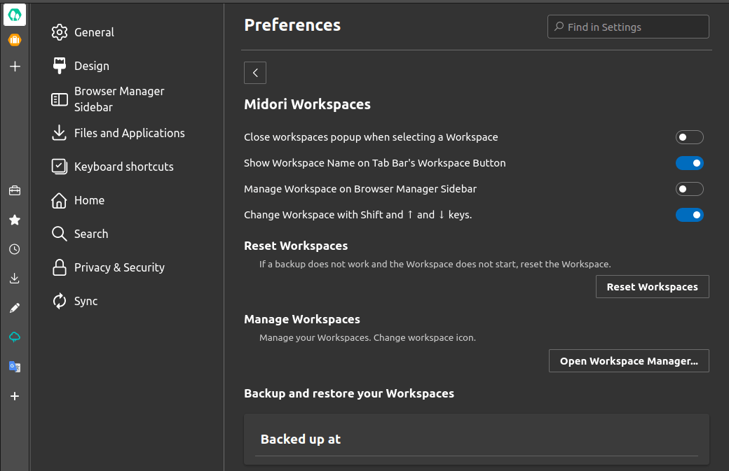 a screenshot of midori 11 browser workspaces settings
