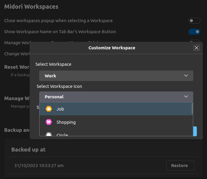 a screenshot of midori 11 browser workspaces customization menu