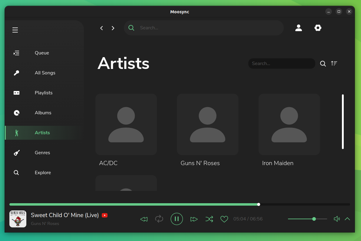 a screenshot of moosync artists tab