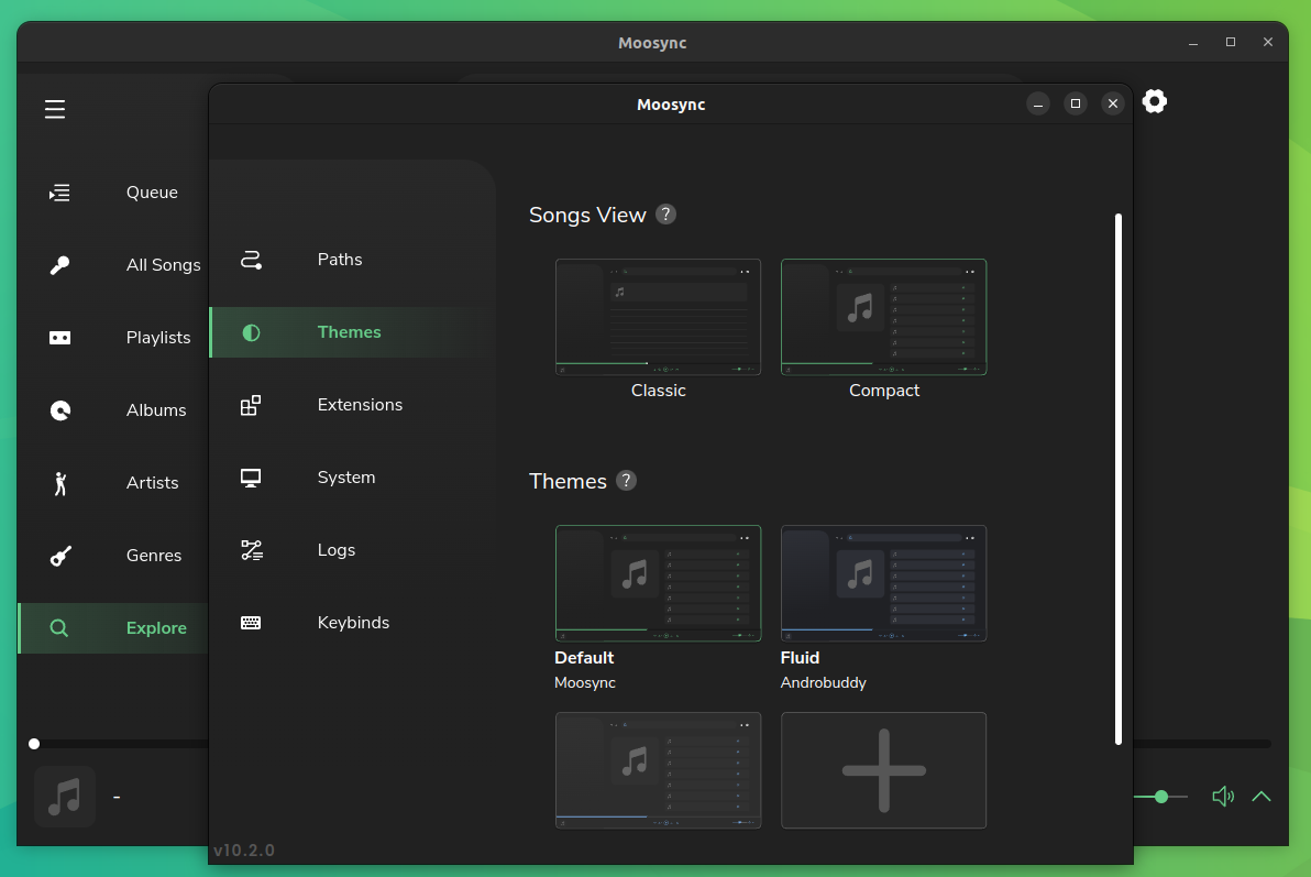 a screenshot of moosync themes settings