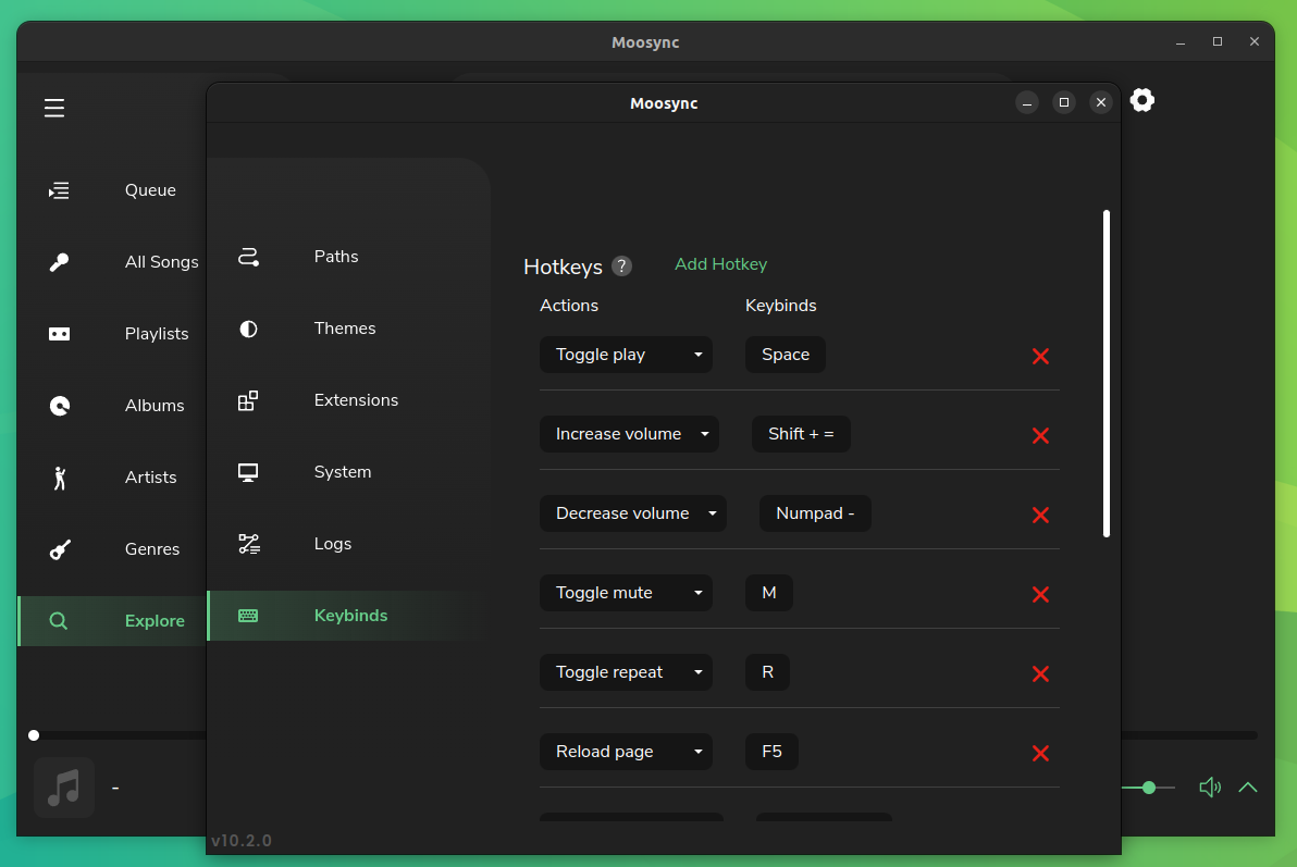 a screenshot of moosync keybinds settings