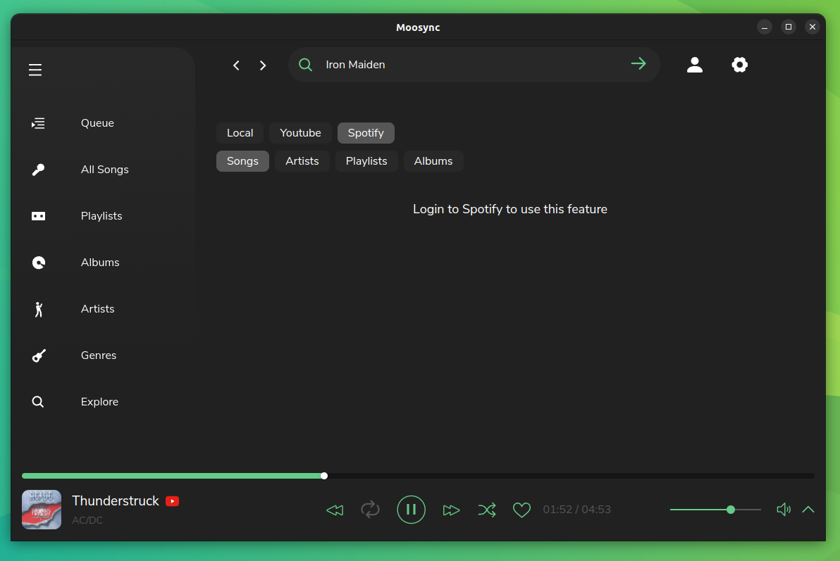 a screenshot of moosync spotify search error