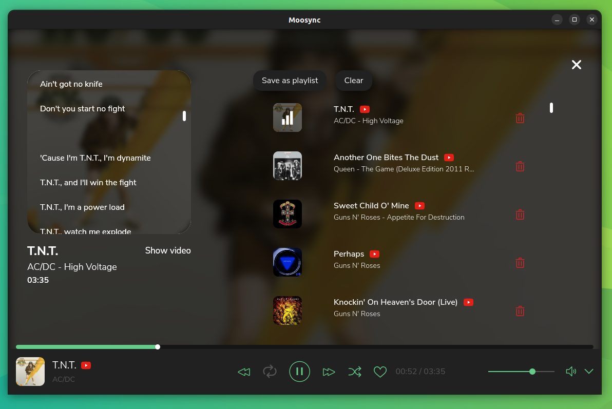 a screenshot of moosync music player screen