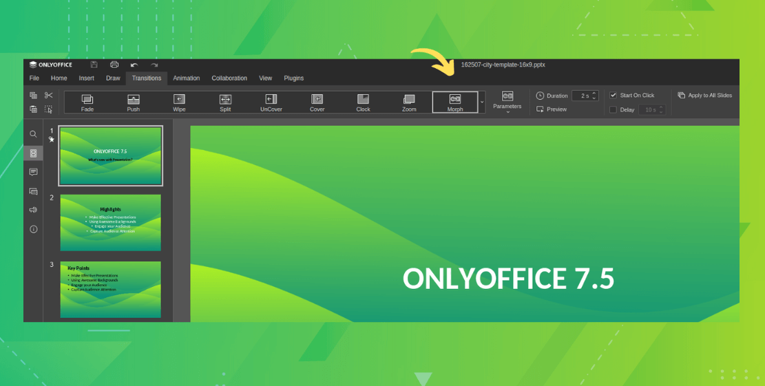 a screenshot of onlyoffice 7.5 new morph transition for presentation