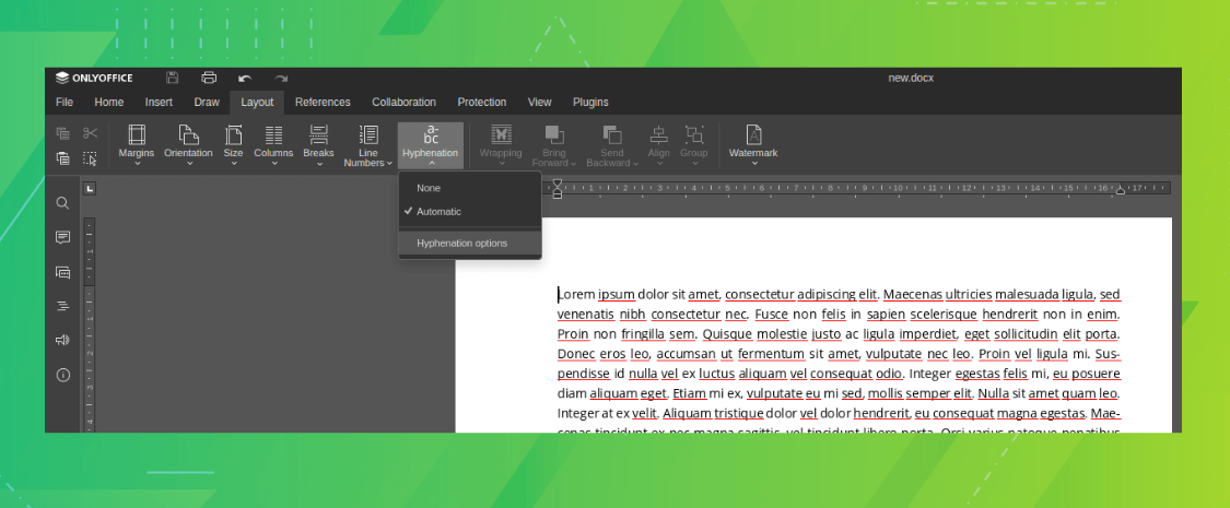 a screenshot of onlyoffice 7.5 new automatic hyphenation feature