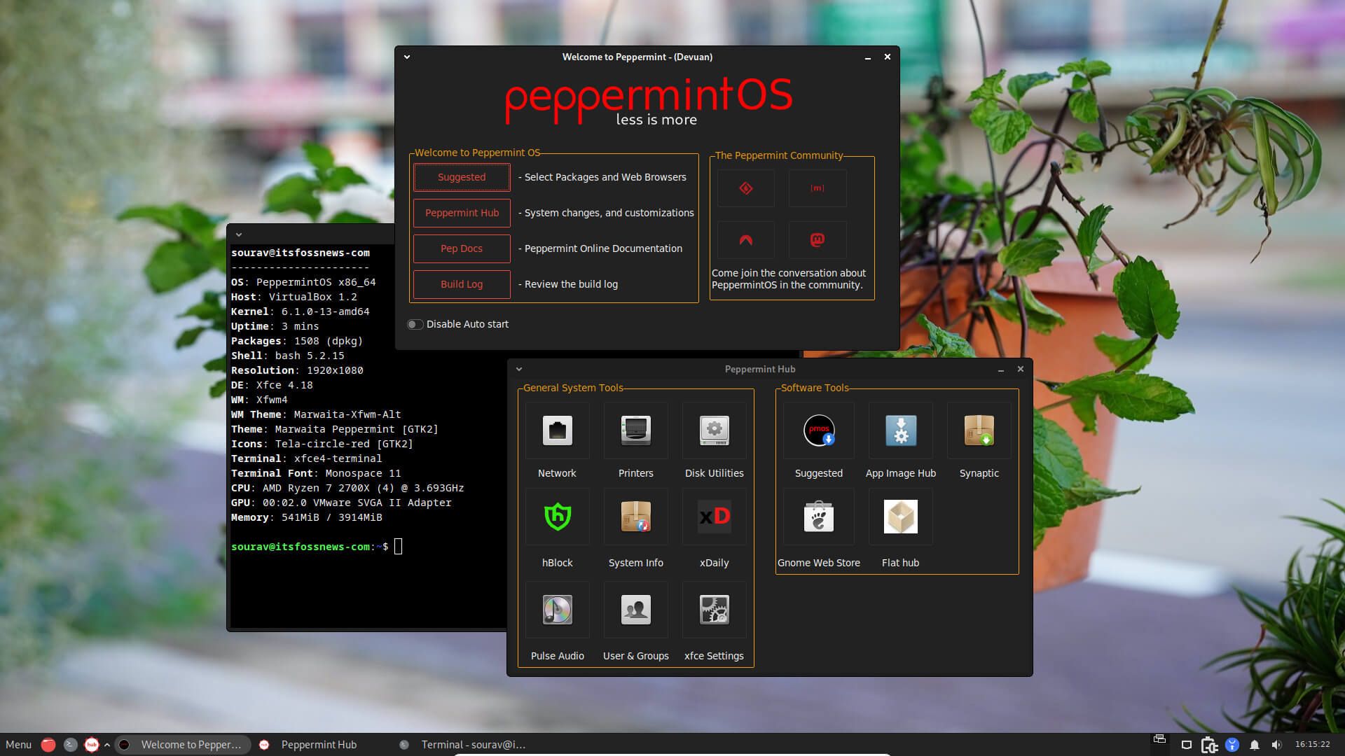 a screenshot of the peppermint desktop with the system info, welcome peppermint app, and peppermint hub being displayed