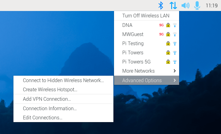 a screenshot of raspberry pi os networking plugin in the taskbar