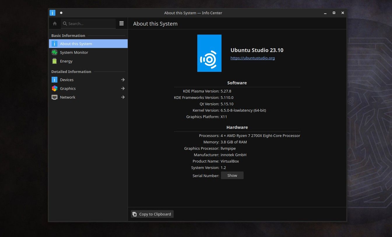 a screenshot of the info center on ubuntu studio 23.10