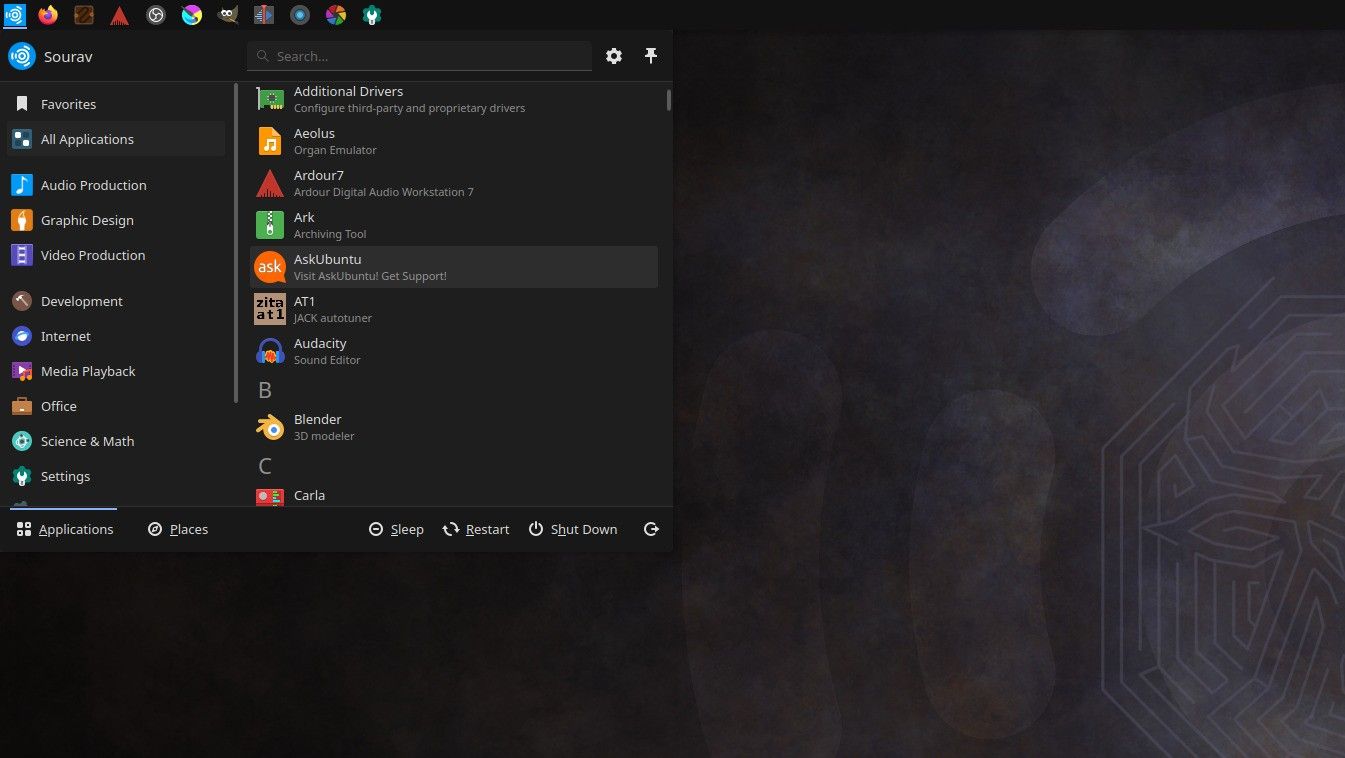 a screenshot of the various pre-installed application on ubuntu studio 23.10