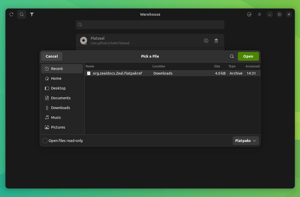 a screenshot of warehouse file picker for installing new flatpak app