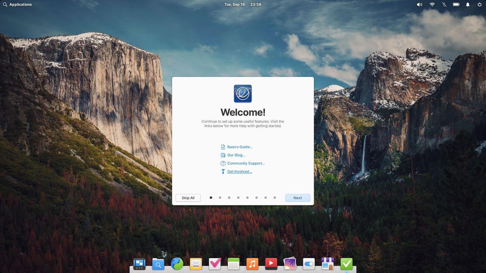 a screenshot of elementary os 7.1 desktop screen with the welcome app open