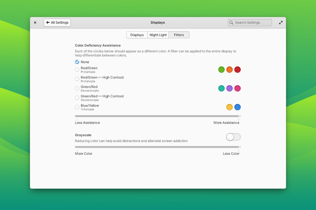 a screenshot of elementary os 7.1 color blindness fiters