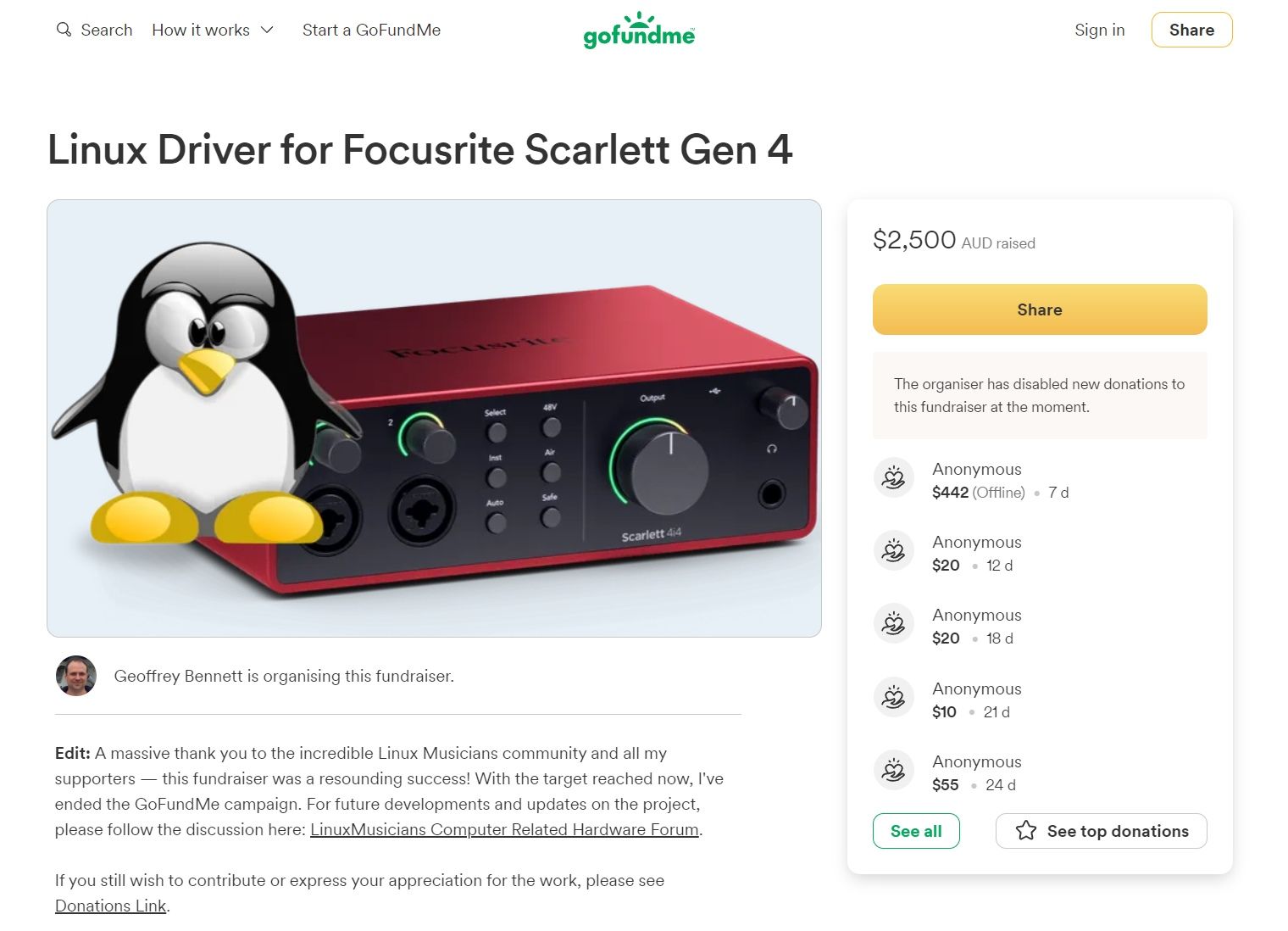 gofundme fundraiser for focusrite driver development